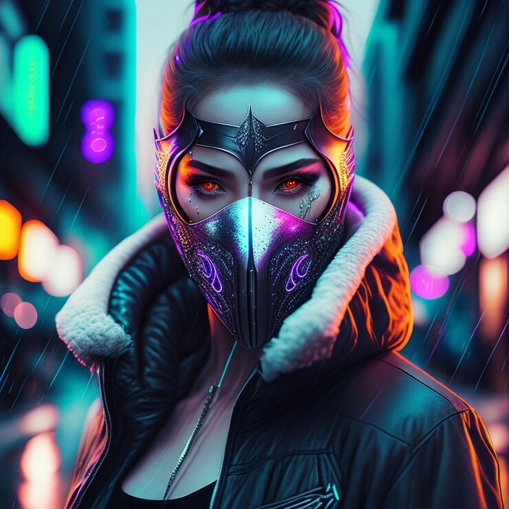Una donna con una giacca di pelle nera con gli occhi viola e un cappuccio con la scritta "cyberpunk".