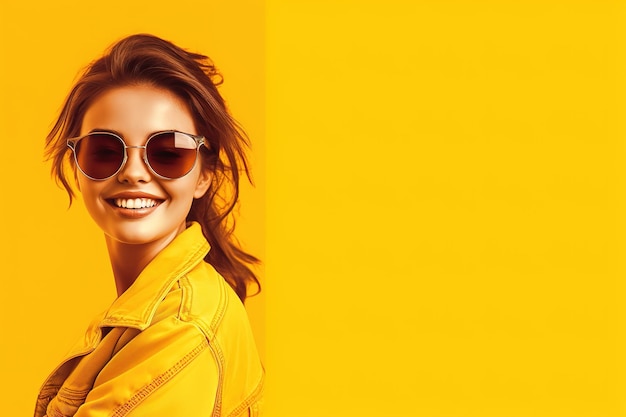 Una donna con una giacca gialla e gli occhiali da sole.
