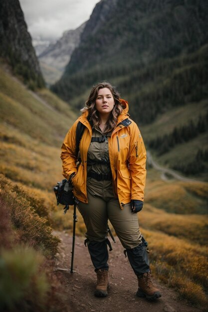 una donna con una giacca gialla scende da una montagna con una montagna sullo sfondo.