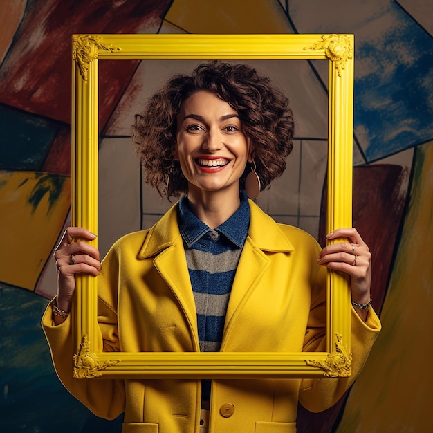 Una donna con una giacca gialla tiene in mano una cornice gialla davanti a un muro colorato.