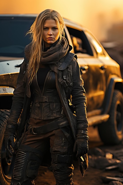 una donna con una giacca nera e una sciarpa in piedi davanti a una macchina