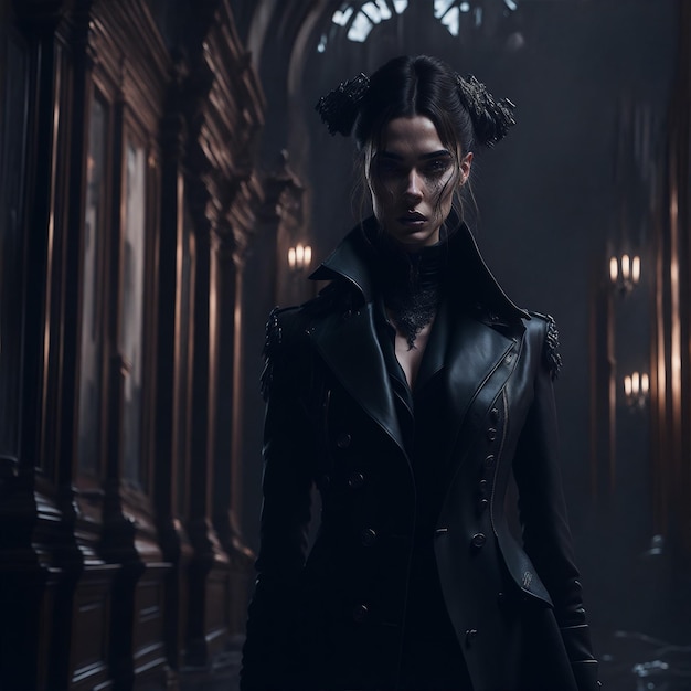 Una donna con una giacca nera in piedi in una zona buia