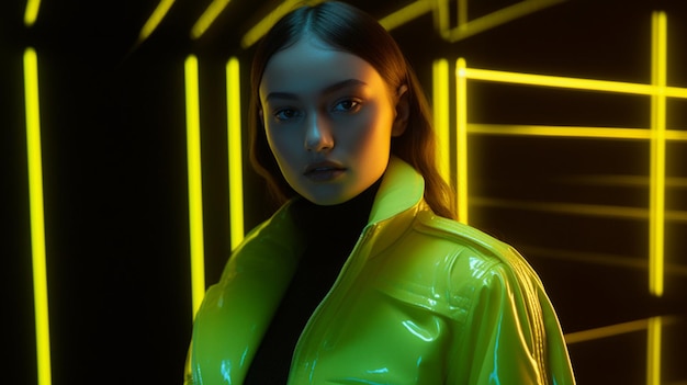 Una donna con una giacca verde neon si trova davanti alle luci al neon