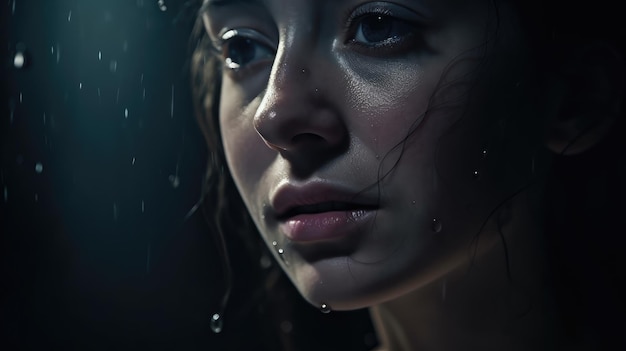 Una donna con una goccia d'acqua sul viso