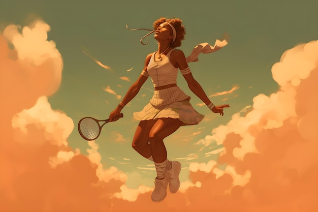Una donna con una gonna bianca e una gonna bianca sta volando nel cielo con una racchetta da tennis in mano.