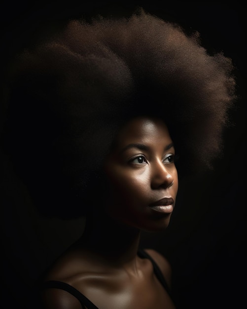 Una donna con una grande chioma afro guarda a sinistra.