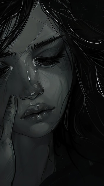 una donna con una lacrima sul viso è disegnata su uno sfondo nero