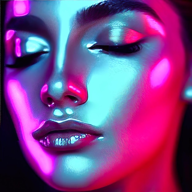 una donna con una luce blu sul viso Arte del trucco creativo per il viso al neon