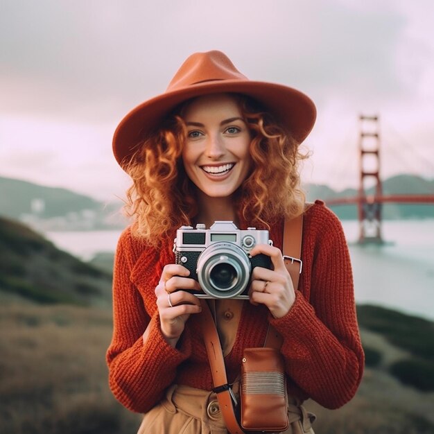 Una donna con una macchina fotografica davanti a un Golden Gate Bridge