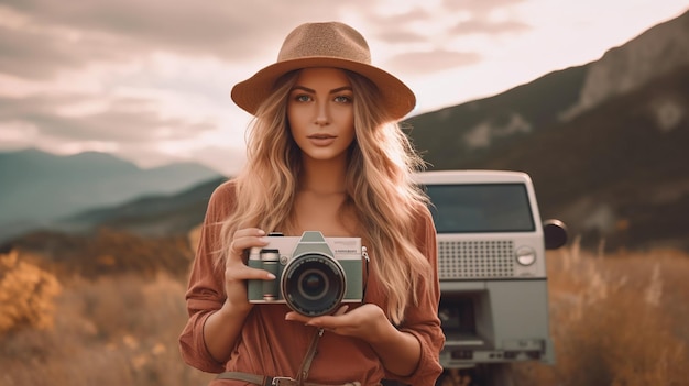 Una donna con una macchina fotografica davanti a una jeep