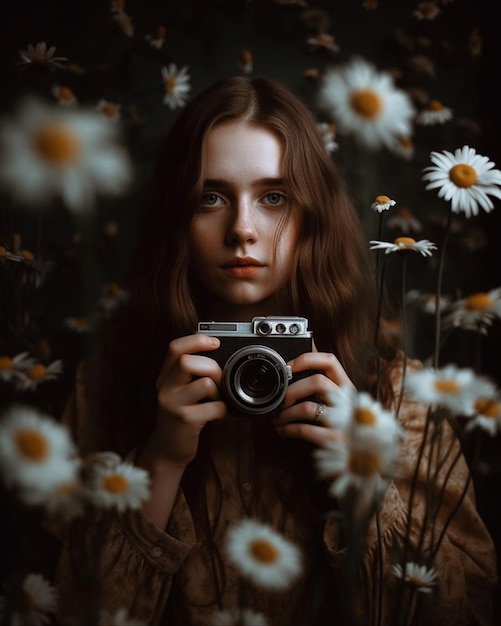 Una donna con una macchina fotografica in un campo di margherite