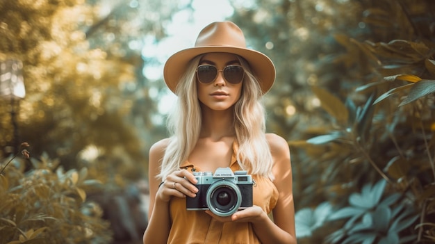 Una donna con una macchina fotografica in un parco