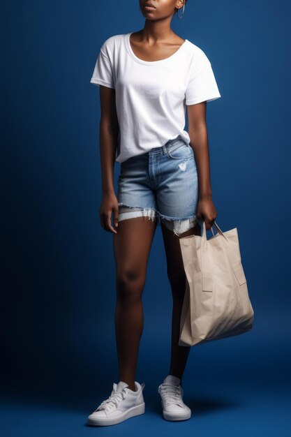 Una donna con una maglietta bianca e pantaloncini di jeans tiene in mano una borsa.