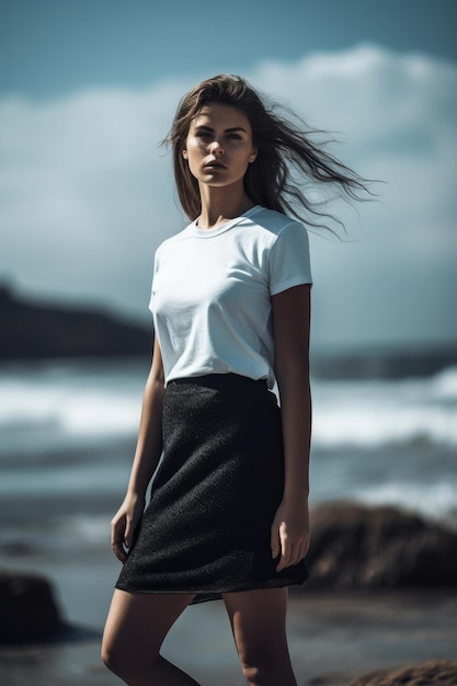 Una donna con una maglietta bianca e una gonna nera si trova su una spiaggia.