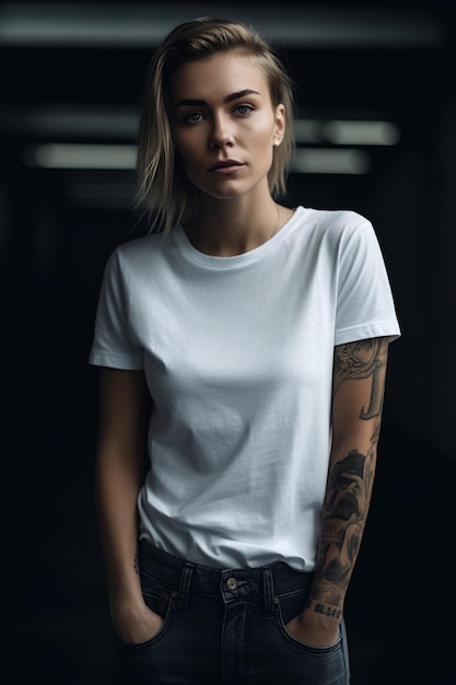 Una donna con una maglietta bianca si trova in una stanza buia con un tatuaggio sul braccio.