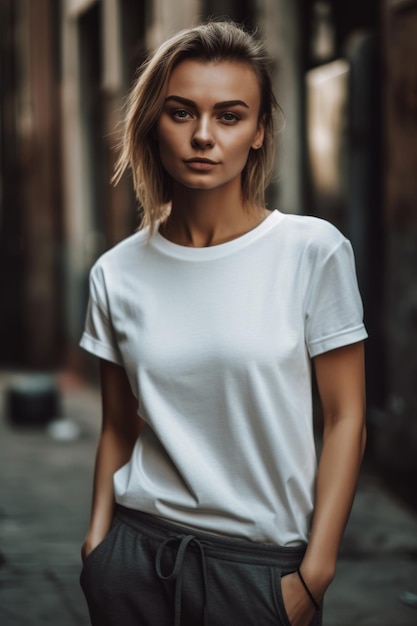 Una donna con una maglietta bianca si trova in una strada