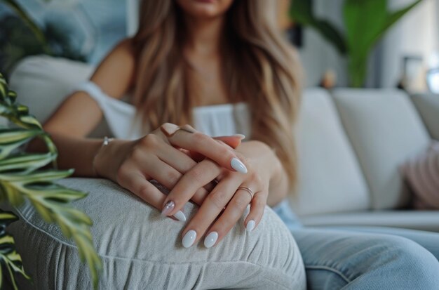 una donna con una manicure lucida