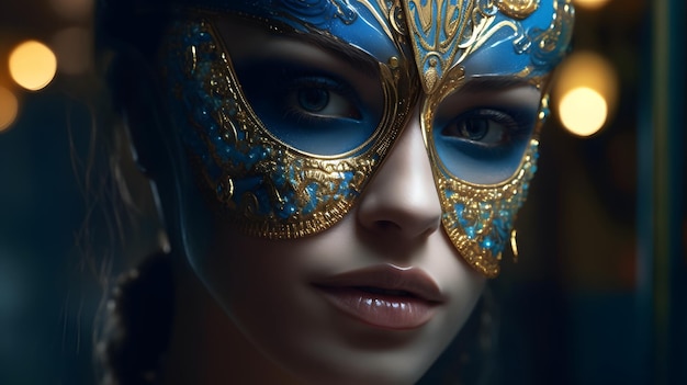 Una donna con una maschera blu e oro