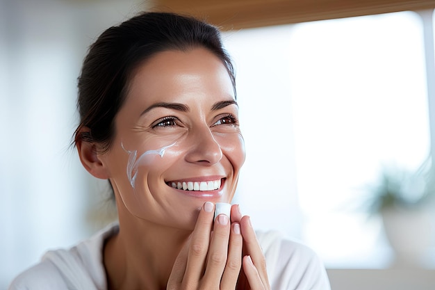 Una donna con una maschera color crema sul viso