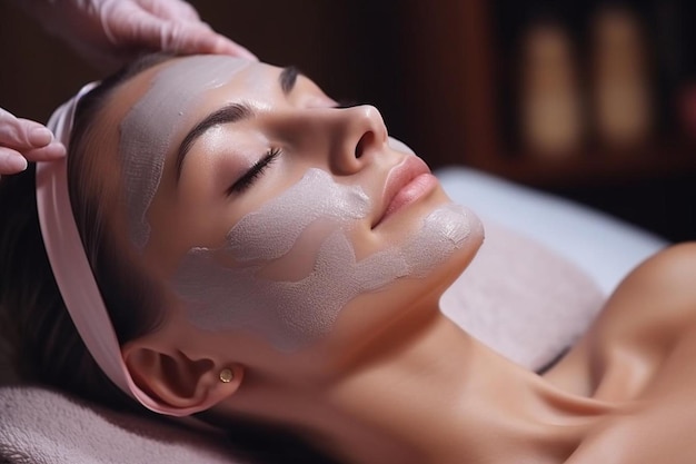 una donna con una maschera cosmetica sul viso è coperta di crema