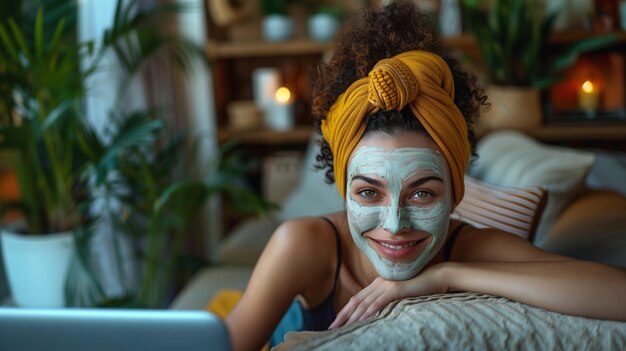 Una donna con una maschera cosmetica sul viso sta sorridendo seduta su un divano e guardando un portatile