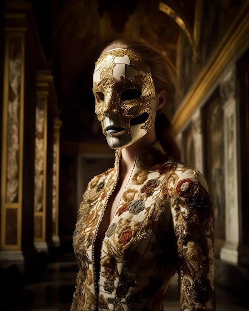 Una donna con una maschera d'oro si trova in una stanza con una carta da parati che dice "l'anno del topo"