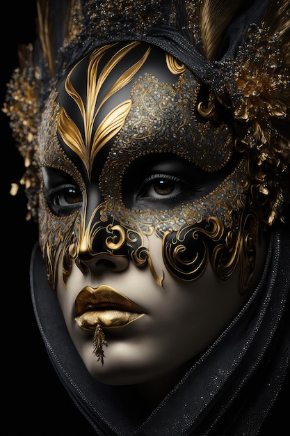 Una donna con una maschera d'oro sul viso