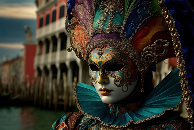 Una donna con una maschera di carnevale si trova di fronte a un edificio.