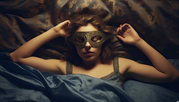 Una donna con una maschera è sdraiata in un letto