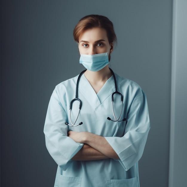 Una donna con una maschera medica e uno stetoscopio sul viso si trova di fronte a un muro bianco.