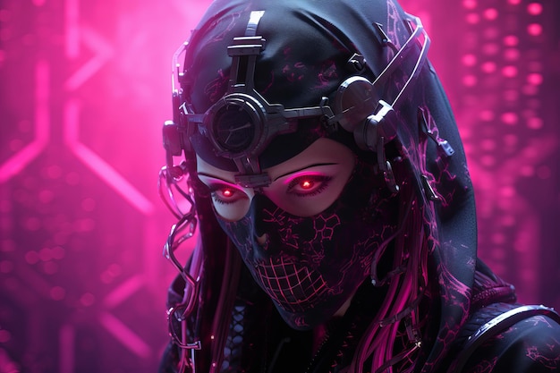 una donna con una maschera nera con gli occhi rosa