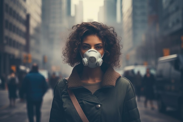 Una donna con una maschera protettiva sullo sfondo di una città con fumi di scarico problemi ambientali