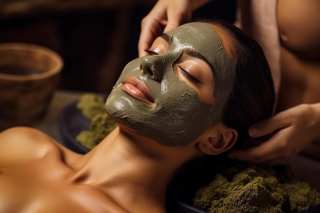 Una donna con una maschera verde sul viso