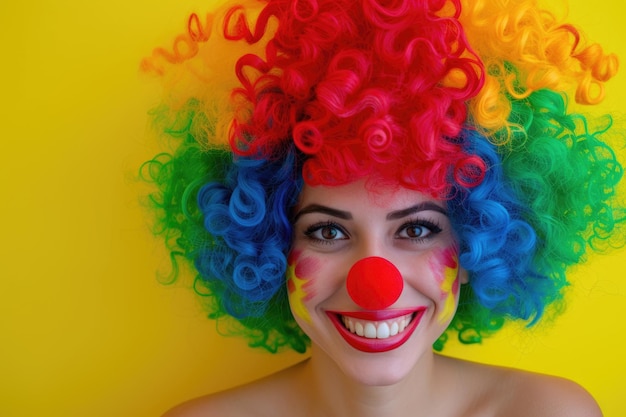 Una donna con una parrucca da clown e un naso rosso sta sorridendo