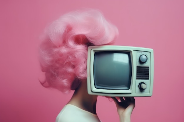 Una donna con una parrucca rosa e una tv in faccia