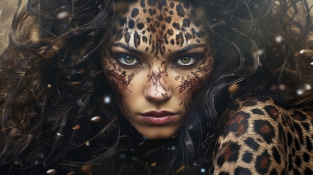 una donna con una pelle di leopardo sul viso