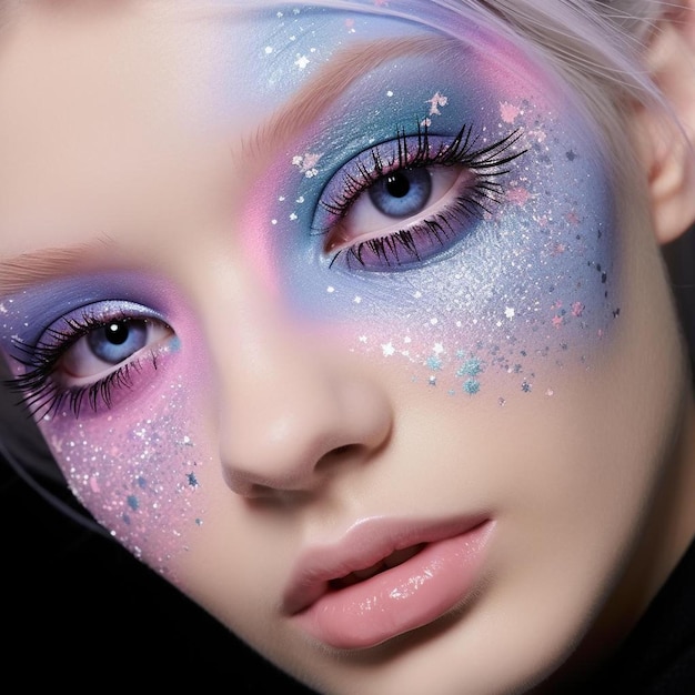 una donna con una pittura colorata per il viso e la parola "stelle" sul viso.