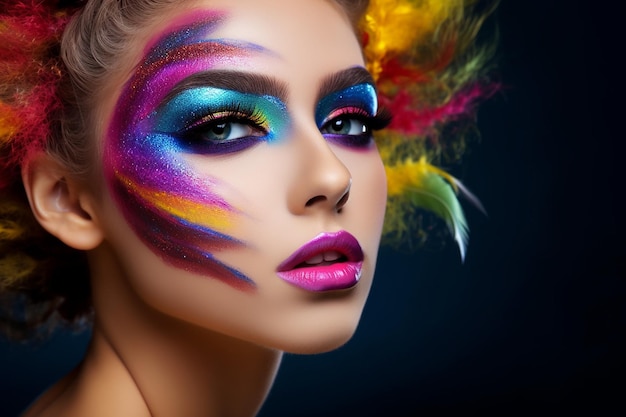 Una donna con una pittura facciale colorata e un arcobaleno di colori.