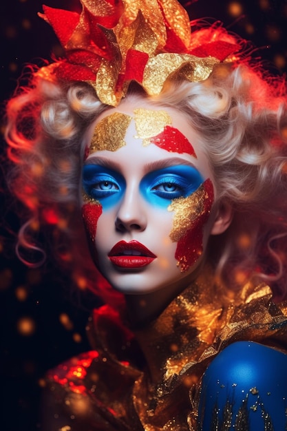 Una donna con una pittura per il viso blu e rossa e una pittura per il viso oro e rosso.