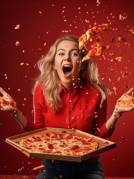 Una donna con una pizza in mano e una scatola piena di pizza che vola fuori.