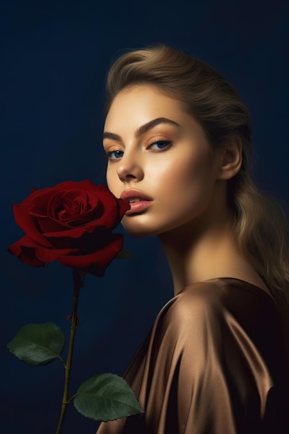 Una donna con una rosa rossa tra i capelli