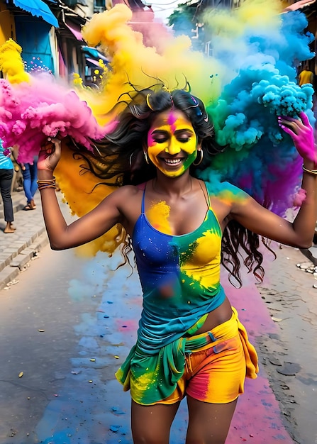 una donna con una sciarpa color rainbow sta festeggiando con una polvere color rainbow