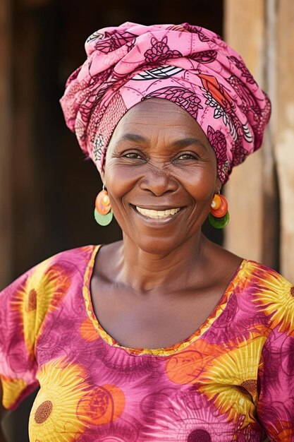 una donna con una sciarpa colorata e un fiore sulla testa