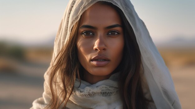 Una donna con una sciarpa in testa si trova nel deserto.