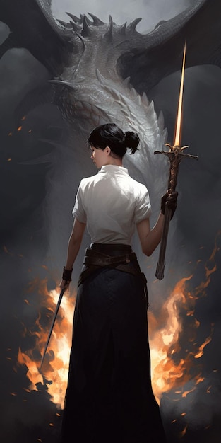 Una donna con una spada e un fuoco dietro di lei