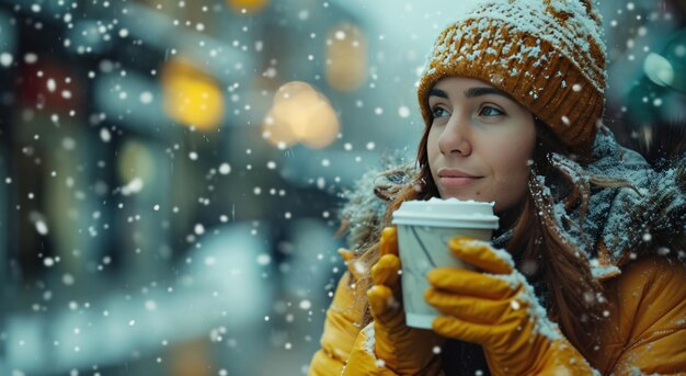 una donna con una tazza di caffè all'aperto durante un temporale invernale