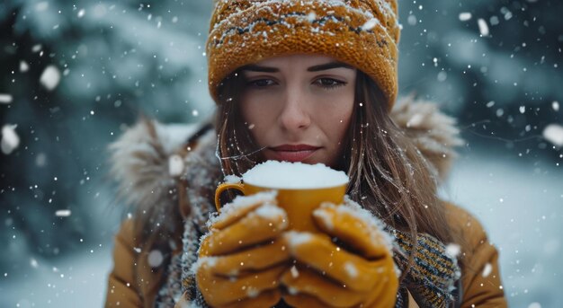 una donna con una tazza di caffè all'aperto durante un temporale invernale