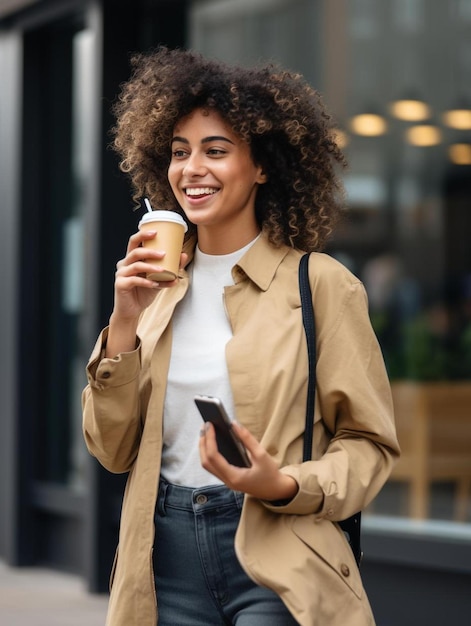 una donna con una tazza di caffè e un cellulare