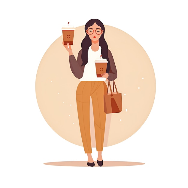 Una donna con una tazza di caffè e un sacchetto di carta.