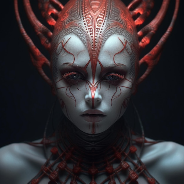 una donna con una testa di drago e una testa di drago con un drago rosso sul viso.